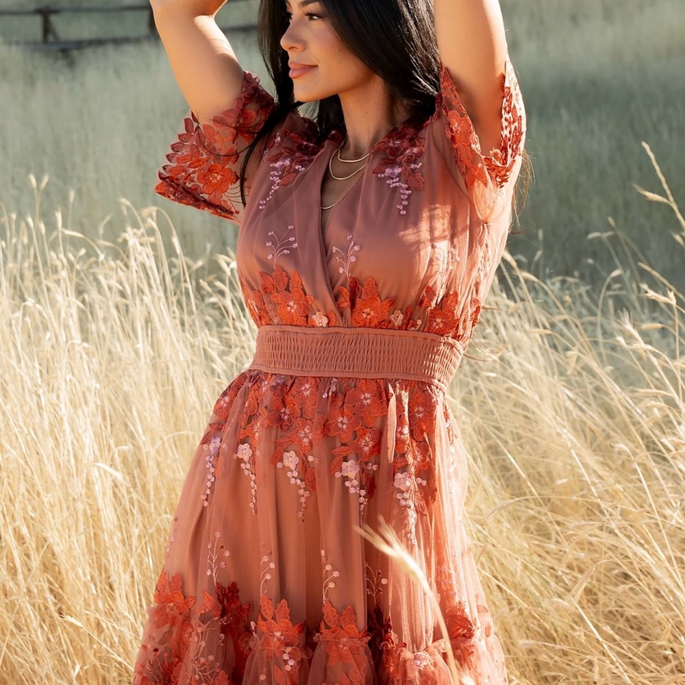 NWT Elegant Floral Embroidered Dress in RUST - Picture 5 of 6